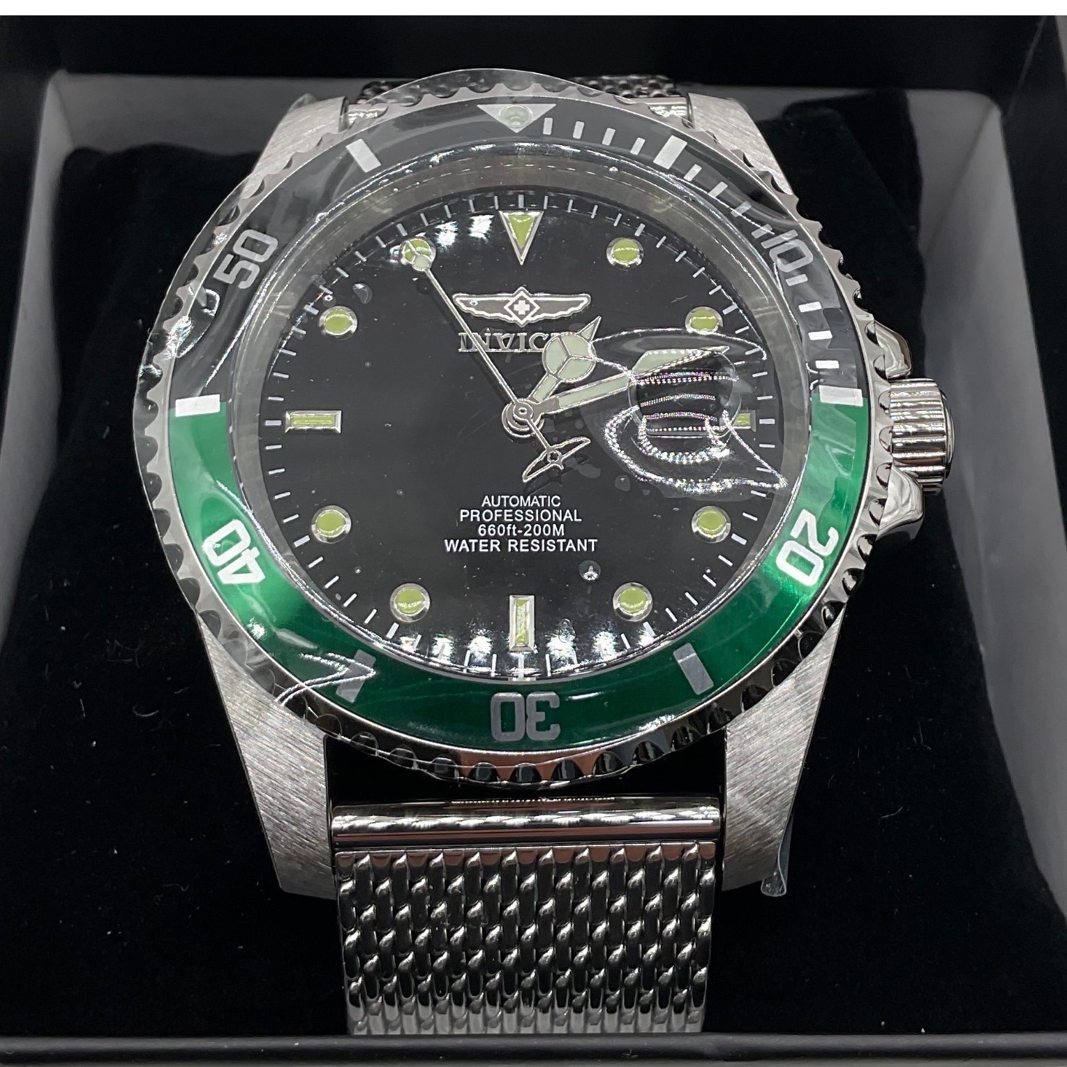 Invicta Pro Diver 47mm Automatic Green Bezel Mesh Bracelet Watch New